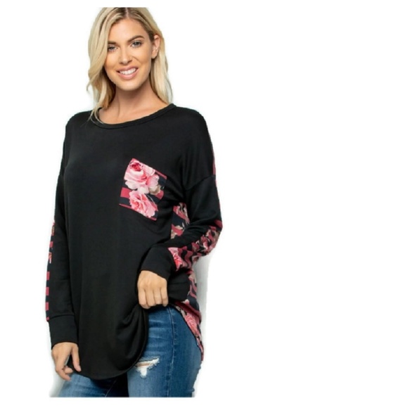 Floral Contrast Long Sleeve Top w/ Front Pocket - Picture 4 of 8